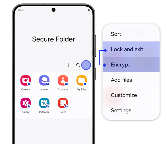A photo of a Samsung device showing the Secure Folder menu open, with the option to select "lock and exit" and other encryption settings.