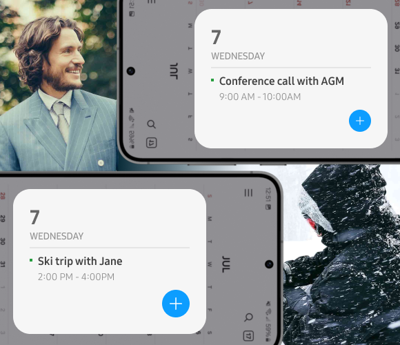 A screenshot of someone's work calendar open, showing an appointment for a conference call. Below this image is a screenshot of the same individual's personal calendar open, showing a ski trip with Jane.