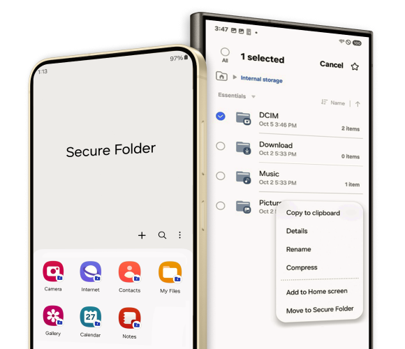 A picture o f a Samsung phone screen showing the app menu with the option to add to the Secure Folder.